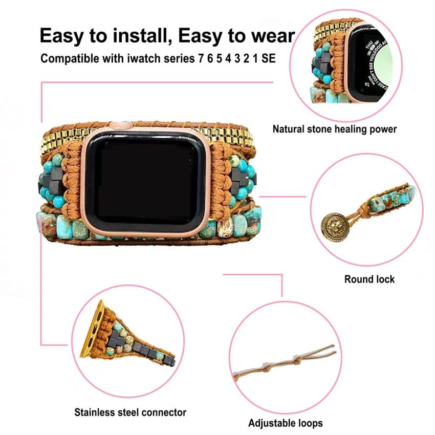 Handmade Watch Band: Bohemian Jasper Turquoise Calming Energy Smartwatch Bands Compatible with Apple Watch