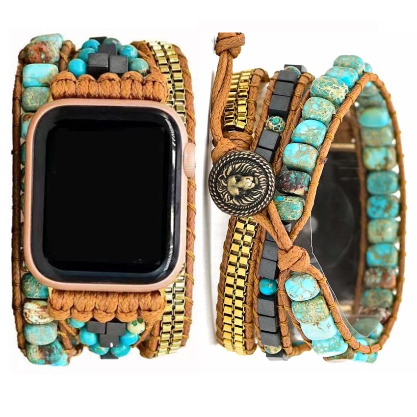 Handmade Watch Band: Bohemian Jasper Turquoise Calming Energy Smartwatch Bands Compatible with Apple Watch