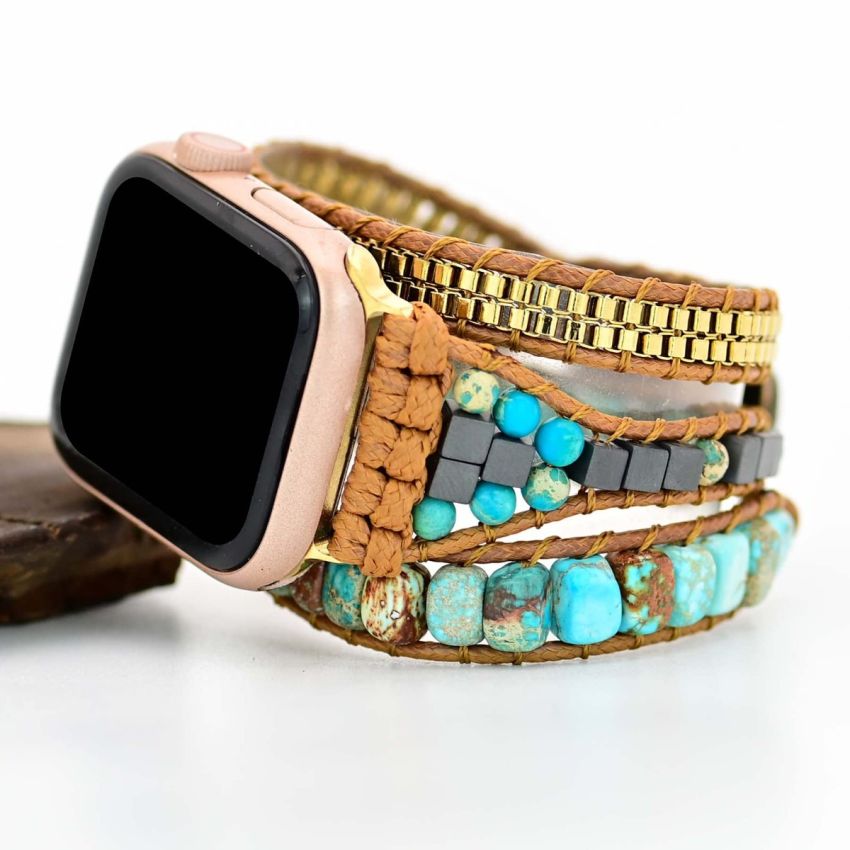 Handmade Watch Band: Bohemian Jasper Turquoise Calming Energy Smartwatch Bands Compatible with Apple Watch