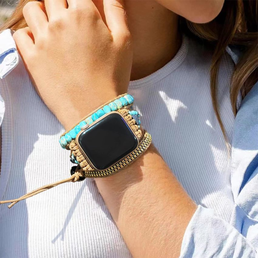 Handmade Watch Band: Bohemian Jasper Turquoise Calming Energy Smartwatch Bands Compatible with Apple Watch