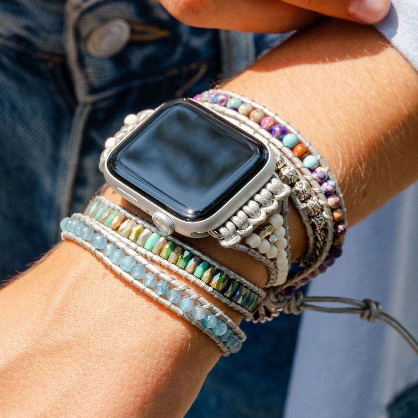 Purple jasper & aqua blue beaded apple watch band
