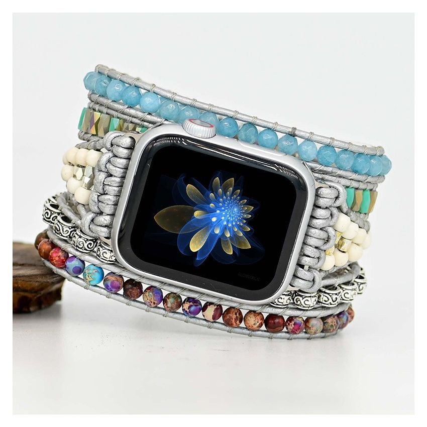 Purple jasper & aqua blue beaded apple watch band