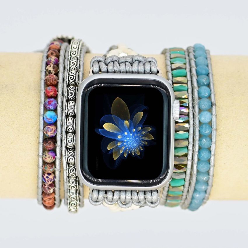 Purple jasper & aqua blue beaded apple watch band