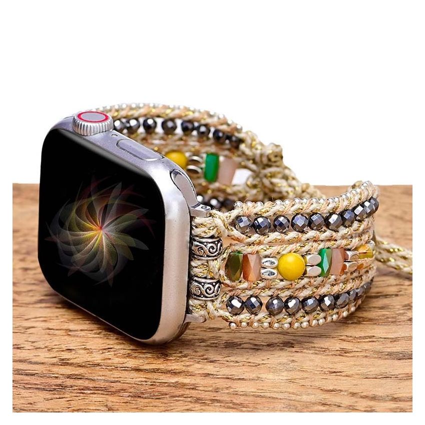 Natural Stone Crystals Woven Removable Adjustable Watch Band _Handmade 3-Layer Boho Smart Watch Strap Bracelet 