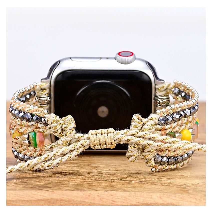 Natural Stone Crystals Woven Removable Adjustable Watch Band _Handmade 3-Layer Boho Smart Watch Strap Bracelet 