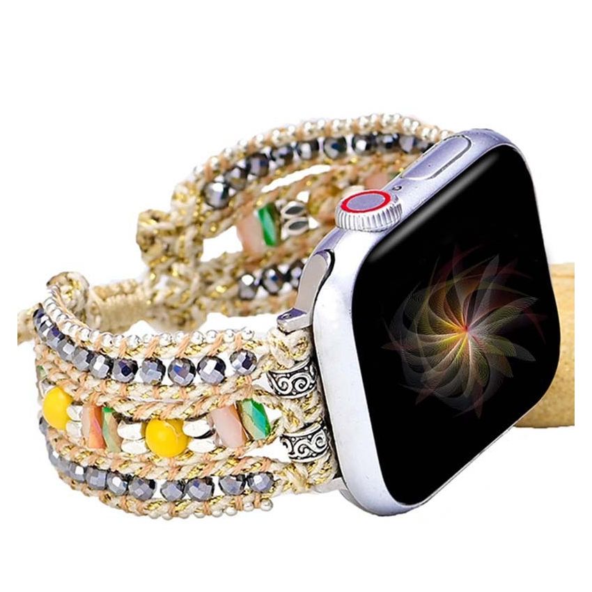 Natural Stone Crystals Woven Removable Adjustable Watch Band _Handmade 3-Layer Boho Smart Watch Strap Bracelet 