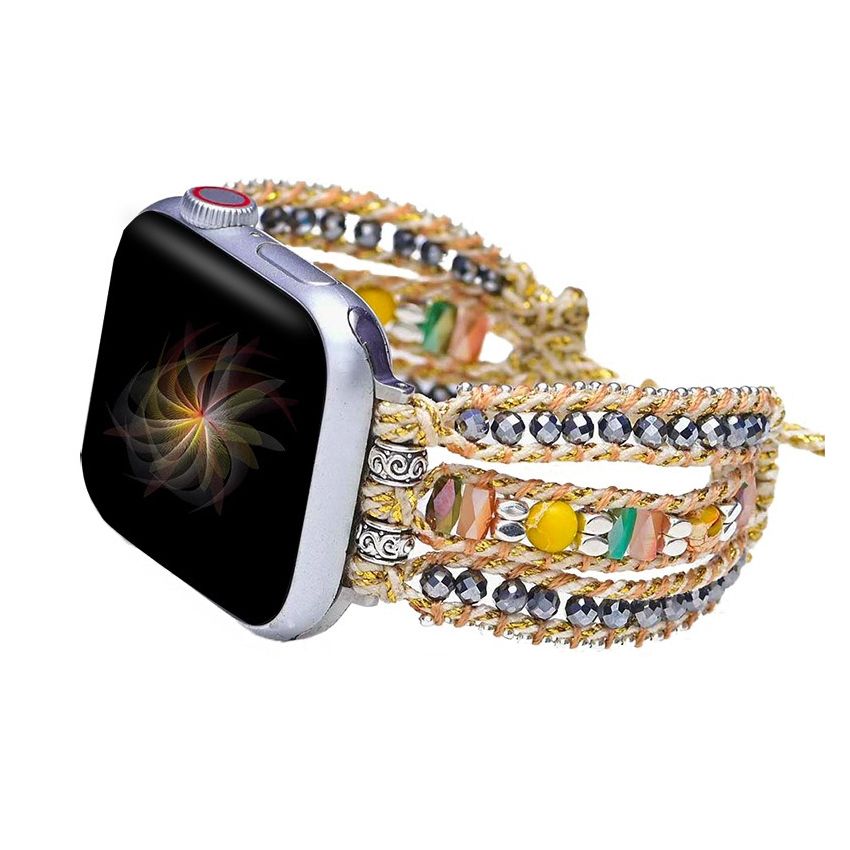 Natural Stone Crystals Woven Removable Adjustable Watch Band _Handmade 3-Layer Boho Smart Watch Strap Bracelet 