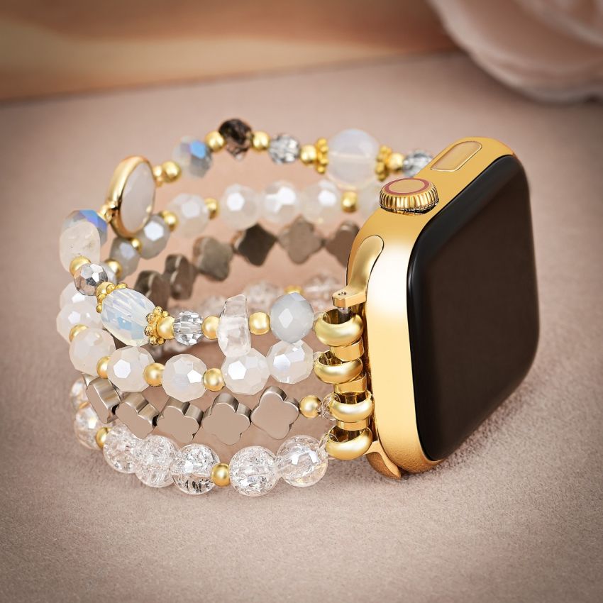 White Crystal Glow Beaded Apple Watch Band with Clover Charms