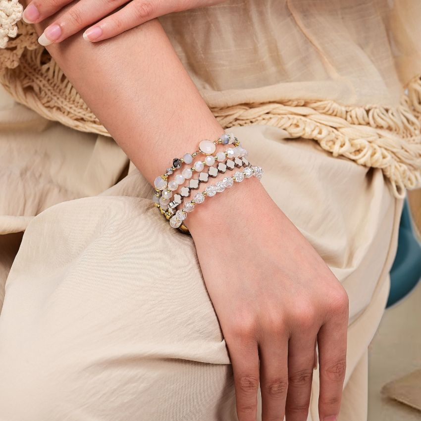 White Crystal Glow Beaded Apple Watch Band with Clover Charms