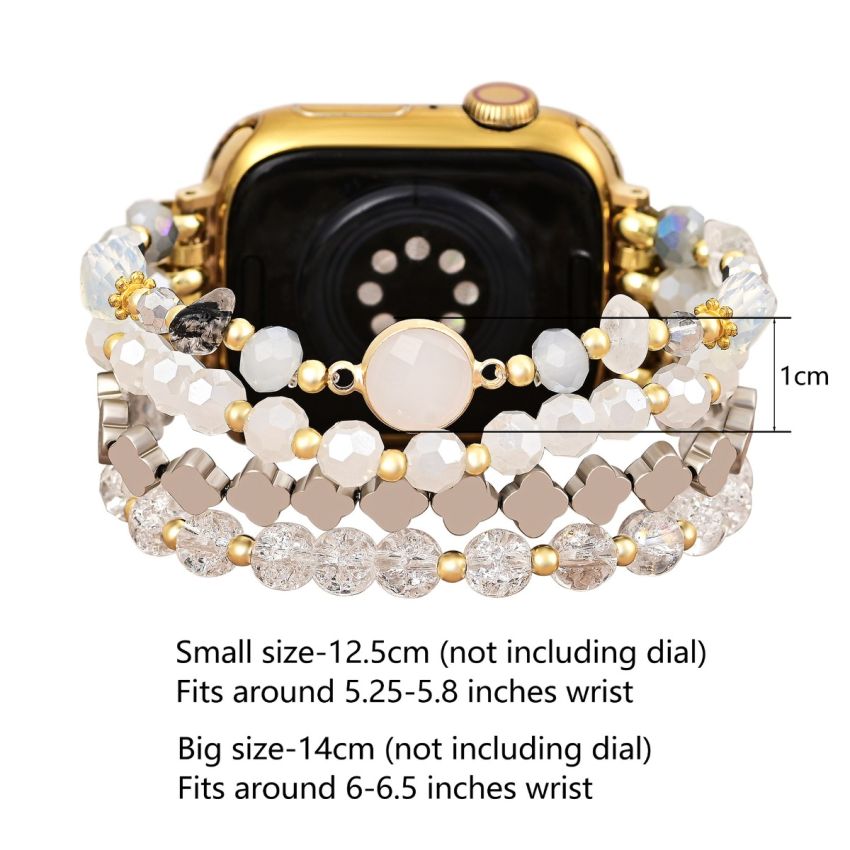 White Crystal Glow Beaded Apple Watch Band with Clover Charms