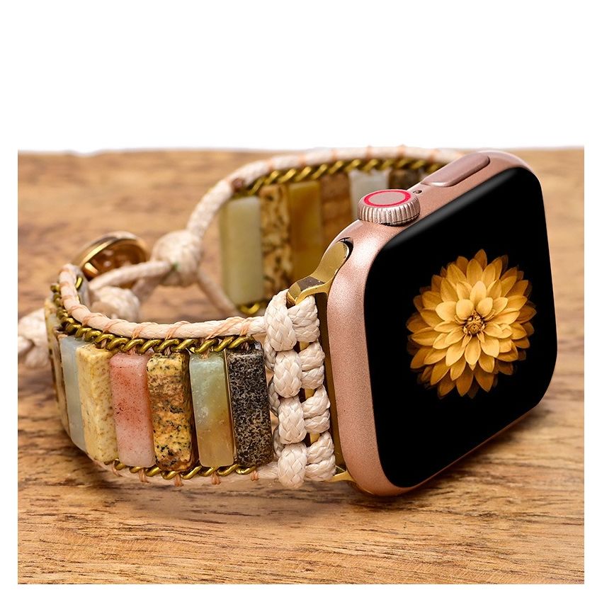 Boho Braided Apple Watch Band – Picture Stone & Amazonite Beaded iWatch Strap, Handmade Adjustable Bracelet for Apple Watch Series 9 8 7 6 5 4 3 SE