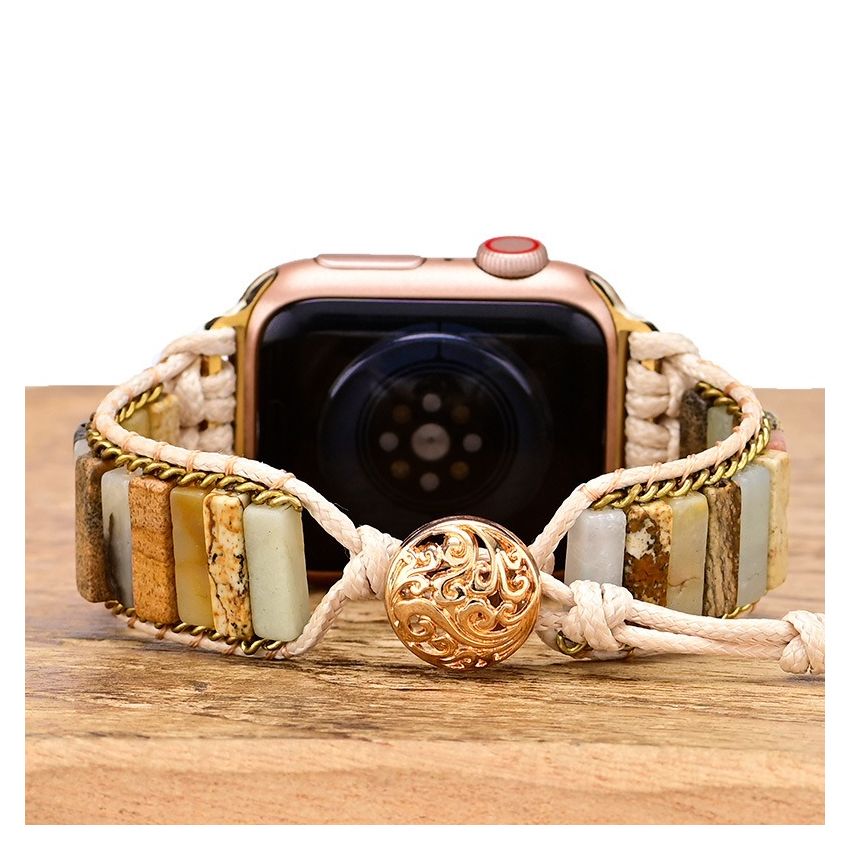 Boho Braided Apple Watch Band – Picture Stone & Amazonite Beaded iWatch Strap, Handmade Adjustable Bracelet for Apple Watch Series 9 8 7 6 5 4 3 SE