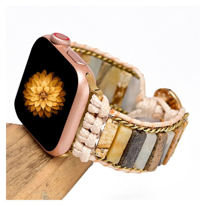 Boho Braided Apple Watch Band – Picture Stone & Amazonite Beaded iWatch Strap, Handmade Adjustable Bracelet for Apple Watch Series 9 8 7 6 5 4 3 SE