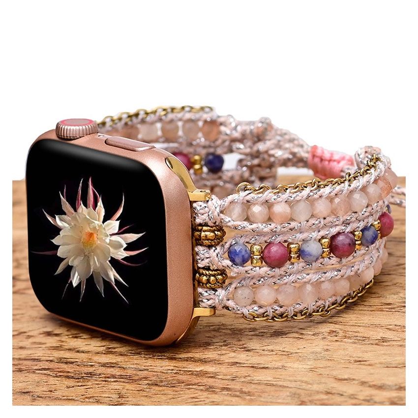 Bohemian Pink Sunstone & Rhodochrosite Apple Watch Band – Handmade Natural Stone Bracelet Strap for Apple Watch Series 9/8/7/6/5/4/3/2/1/SE/Ultra