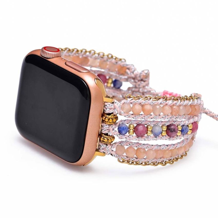 Bohemian Pink Sunstone & Rhodochrosite Apple Watch Band – Handmade Natural Stone Bracelet Strap for Apple Watch Series 9/8/7/6/5/4/3/2/1/SE/Ultra