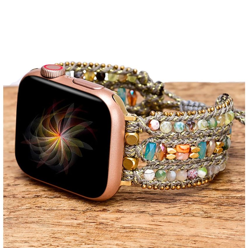 Handmade Boho Gemstone Apple Watch Straps – Rose Quartz, Shoushan Stone & Emperor Stone Wrap Bands for Series 4–9, SE (38–45mm)