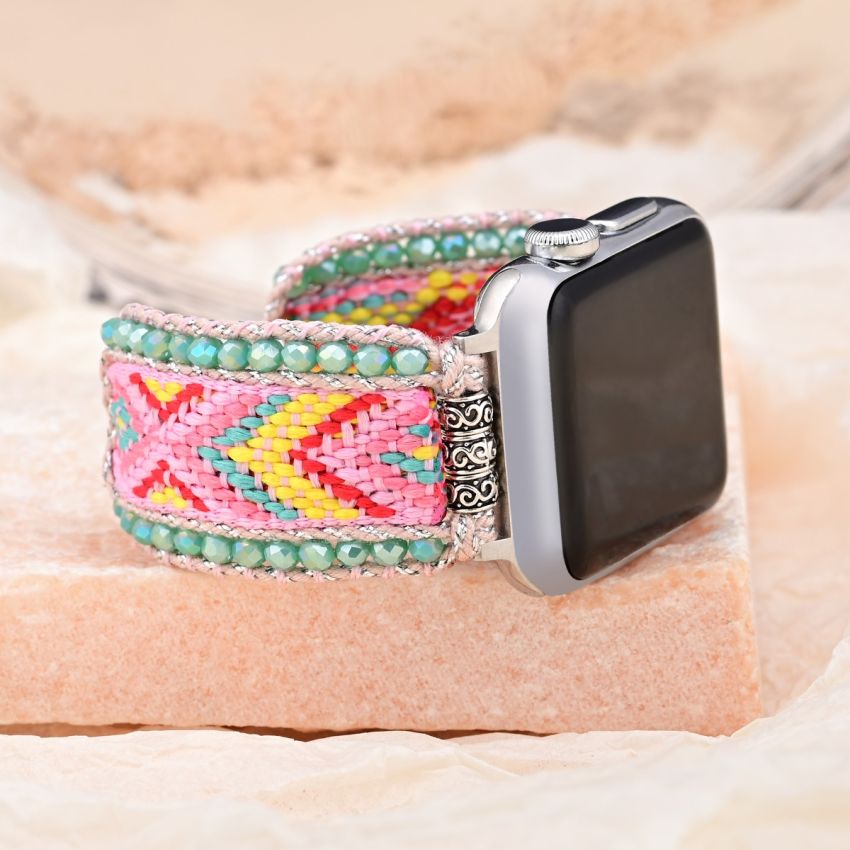 Pink Lemonade Boho Beaded Apple Watch Band – Handmade Adjustable Bracelet Strap, Colorful Bohemian Watch Band for Apple Watch Series 1–10, SE (38–45mm)