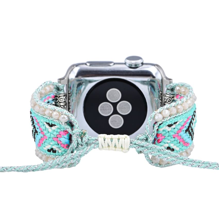 Aqua Serenity Boho Apple Watch Band – Handmade Glass Bead & Nylon Bracelet Strap for 38/40/41/42/44/45mm – Adjustable iWatch Band