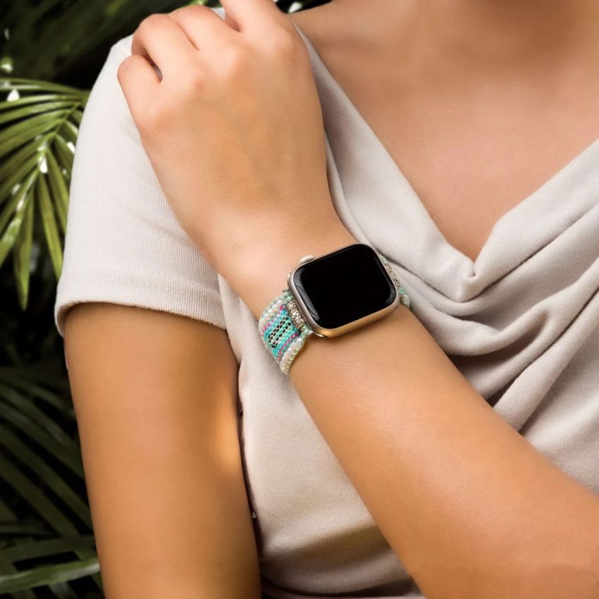 Aqua Serenity Boho Apple Watch Band – Handmade Glass Bead & Nylon Bracelet Strap for 38/40/41/42/44/45mm – Adjustable iWatch Band