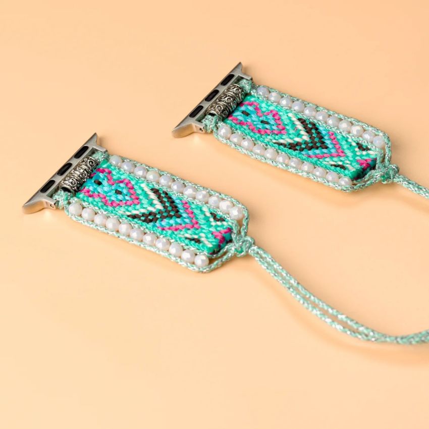 Aqua Serenity Boho Apple Watch Band – Handmade Glass Bead & Nylon Bracelet Strap for 38/40/41/42/44/45mm – Adjustable iWatch Band