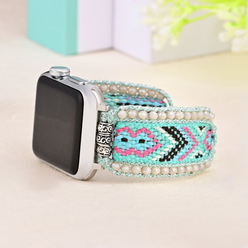 Aqua Serenity Boho Apple Watch Band – Handmade Glass Bead & Nylon Bracelet Strap for 38/40/41/42/44/45mm – Adjustable iWatch Band