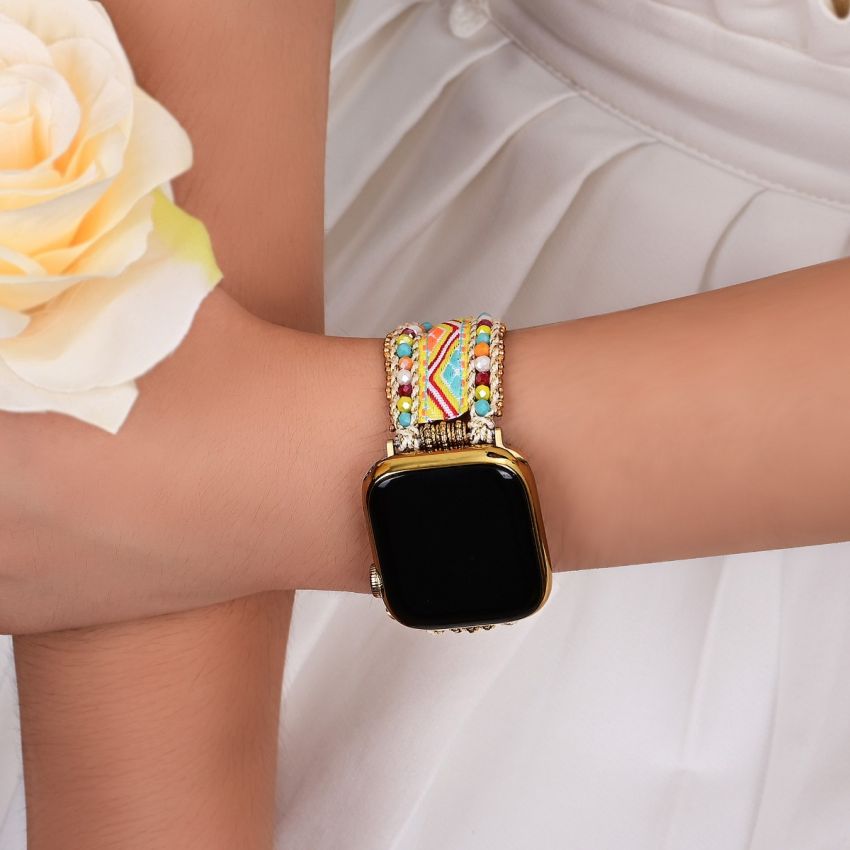 Aqua Serenity & Boho Fiesta Apple Watch Bands – Handmade Glass Bead & Braided Nylon Straps