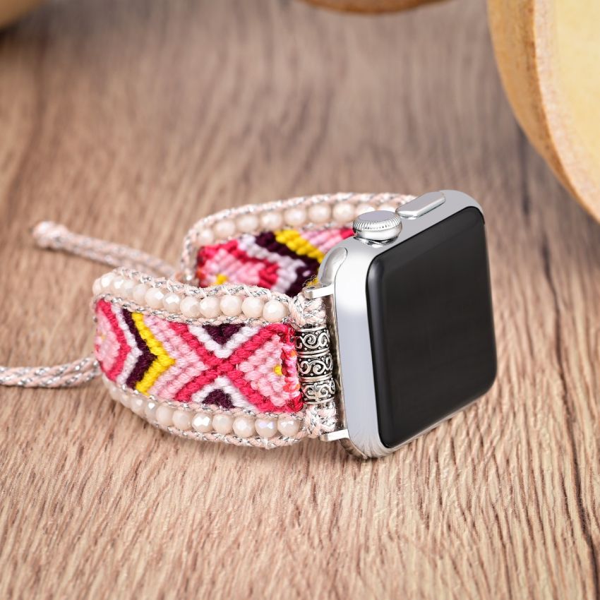 Sakura Pink Crystal Handwoven Apple Watch Band – Adjustable Nylon Strap