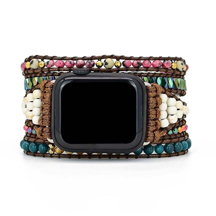 Natural Apatite & Imperial Jasper Apple Watch Band – Handmade Healing Crystal Wrap