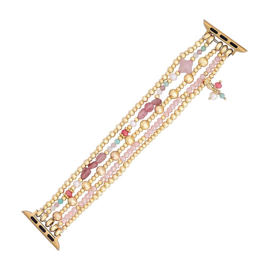 Gold Bead Rose Quartz Clover Stone Watch Band