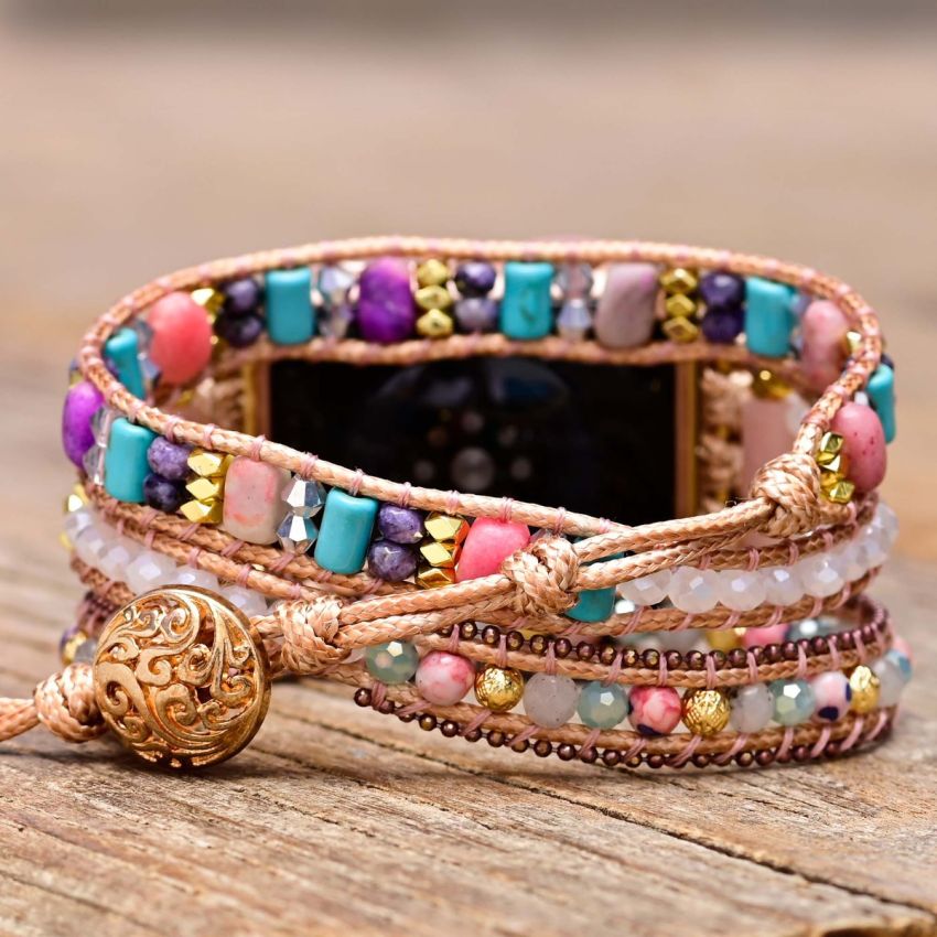 Bohemian Multi-Layer Beaded Apple Watch Strap – Rose Quartz & Agate