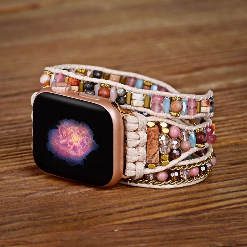 Boho Crystal Apple Watch Band – Handmade Multi-Layer Natural Stone Wrap Bracelet Strap