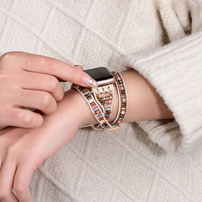 Boho Crystal Apple Watch Band – Handmade Multi-Layer Natural Stone Wrap Bracelet Strap
