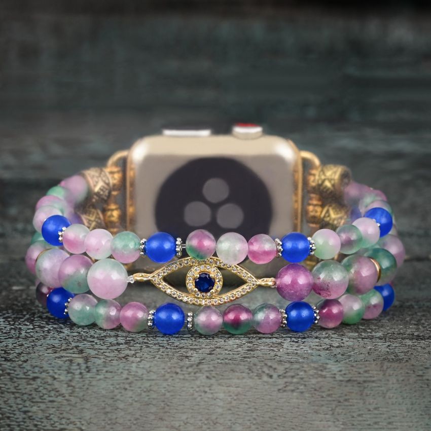 Lavender Gaze Stretch Apple Watch Band – Handmade Jade & Zircon Bracelet Strap (38–45mm)
