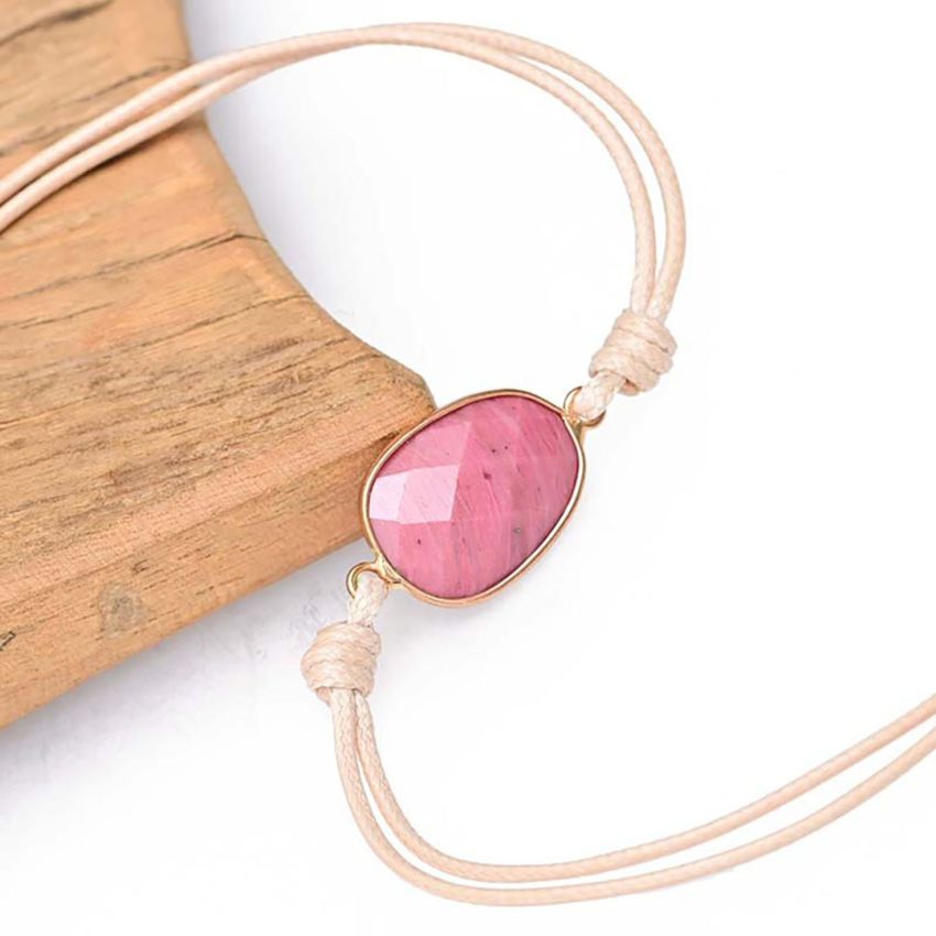 Waxed Cord Wrap Bracelet with Rhodonite Charm — Gentle Love, Pastel Boho Style