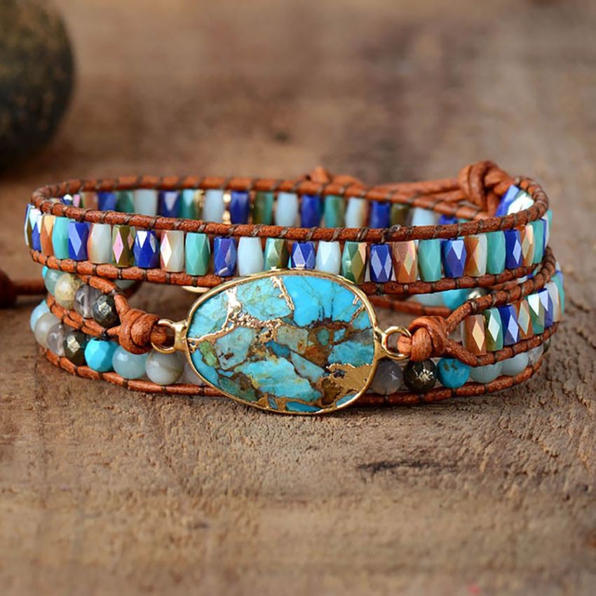 Natural Turquoise & Jasper Wrap Bracelet – Handmade Leather Gemstone Jewelry