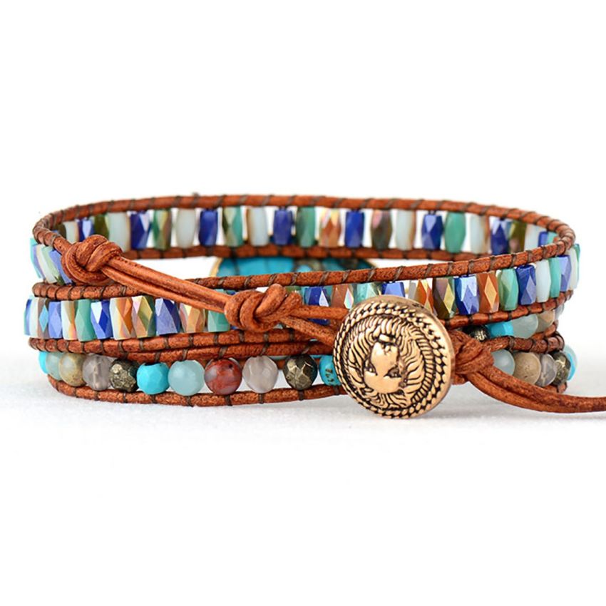Natural Turquoise & Jasper Wrap Bracelet – Handmade Leather Gemstone Jewelry