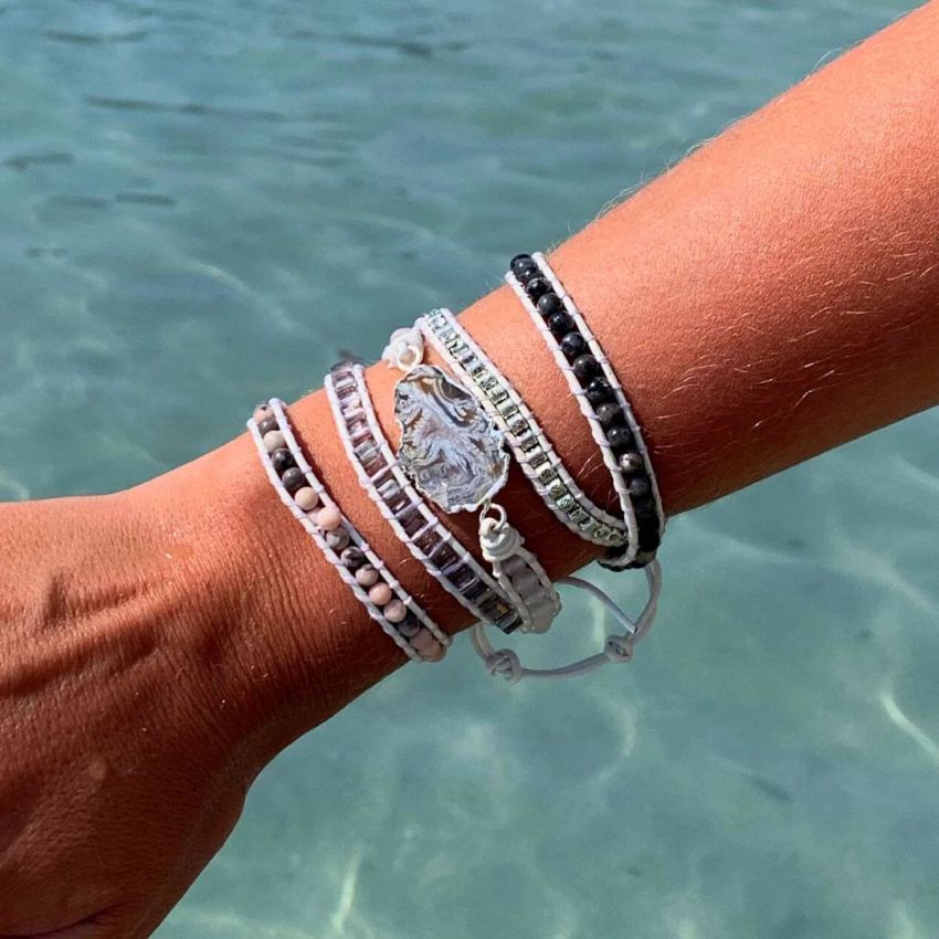 White Labradorite Wrap Bracelet – Handmade White Leather Healing Crystal Bracelet with Zebra Jasper Druzy