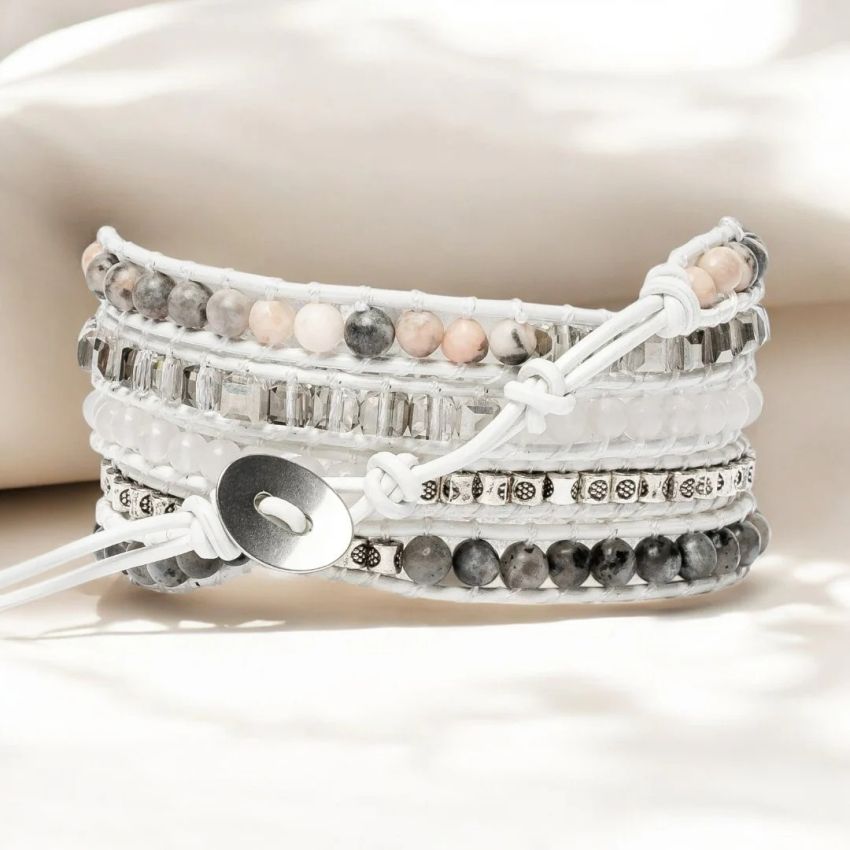 White Labradorite Wrap Bracelet – Handmade White Leather Healing Crystal Bracelet with Zebra Jasper Druzy