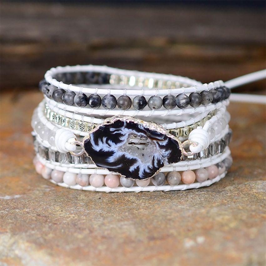 White Labradorite Wrap Bracelet – Handmade White Leather Healing Crystal Bracelet with Zebra Jasper Druzy