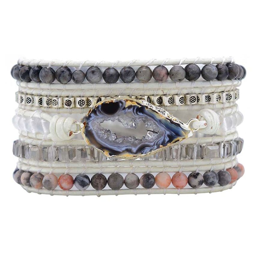 White Labradorite Wrap Bracelet – Handmade White Leather Healing Crystal Bracelet with Zebra Jasper Druzy