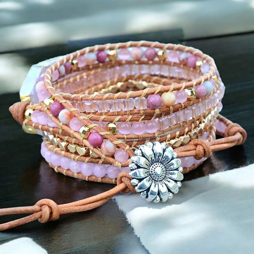 Golden Rose Quartz Bracelet – Handmade Heart Chakra Healing Wrap Bracelet