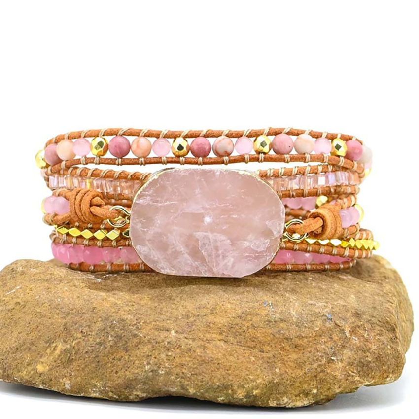 Golden Rose Quartz Bracelet – Handmade Heart Chakra Healing Wrap Bracelet