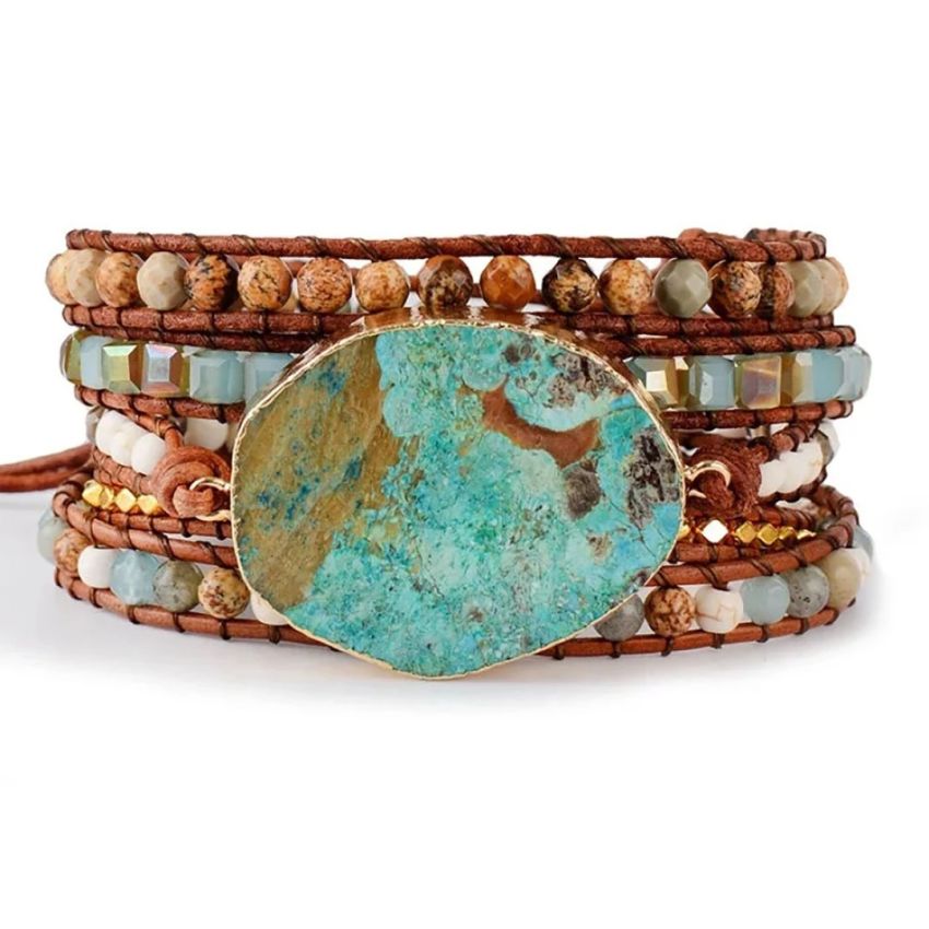 Handmade Natural Ocean Jasper Leather Wrap Bracelet – 5-Layer Chakra Healing Jewelry