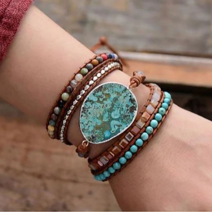Handmade Natural Ocean Jasper Leather Wrap Bracelet – 5-Layer Chakra Healing Jewelry