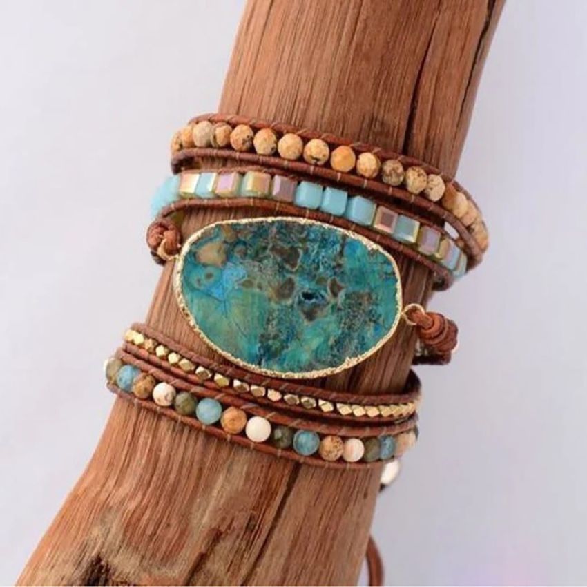 Handmade Natural Ocean Jasper Leather Wrap Bracelet – 5-Layer Chakra Healing Jewelry