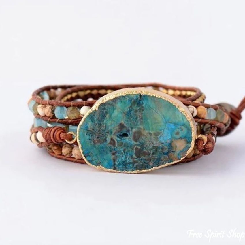 Handmade Natural Ocean Jasper Leather Wrap Bracelet – 5-Layer Chakra Healing Jewelry