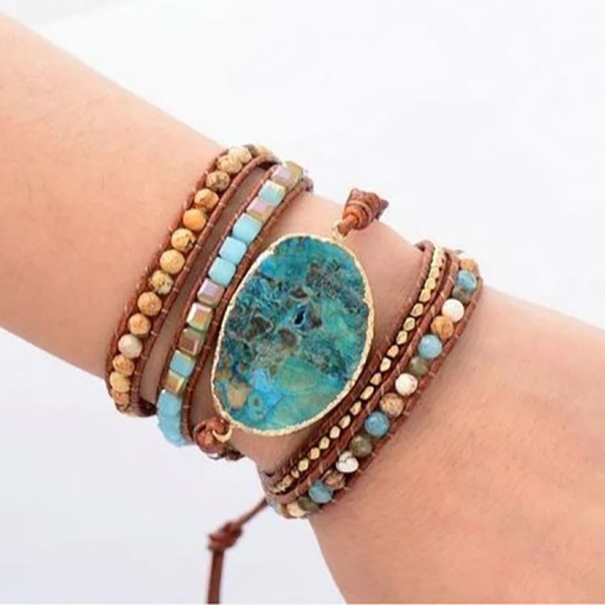 Handmade Natural Ocean Jasper Leather Wrap Bracelet – 5-Layer Chakra Healing Jewelry