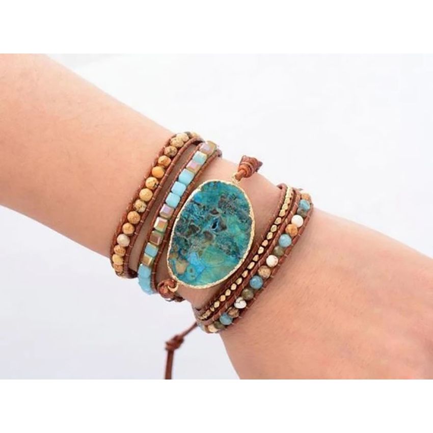 Handmade Natural Ocean Jasper Leather Wrap Bracelet – 5-Layer Chakra Healing Jewelry
