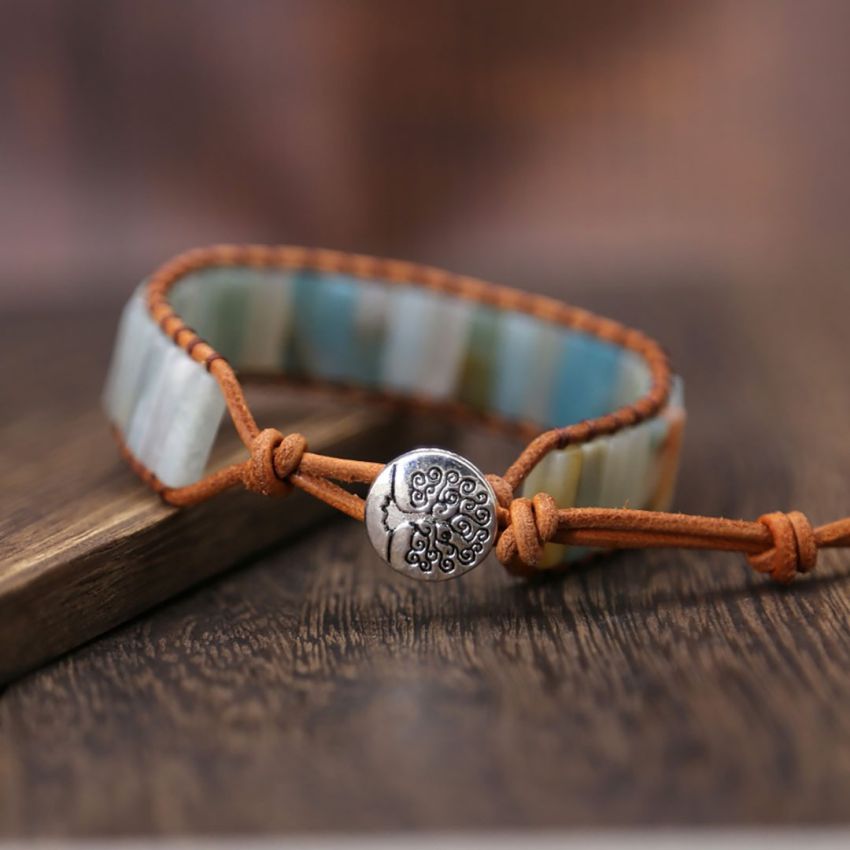 Natural Amazonite Stone & Leather Tree of Life Bracelet