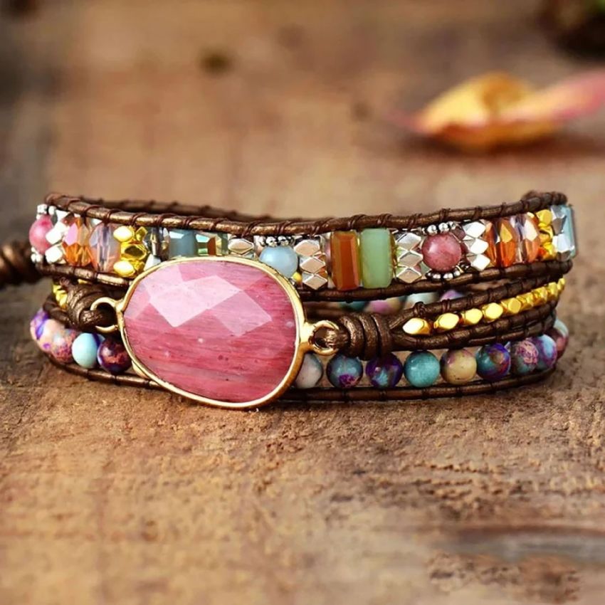 Natural Rhodonite & Jasper Wrap Bracelet